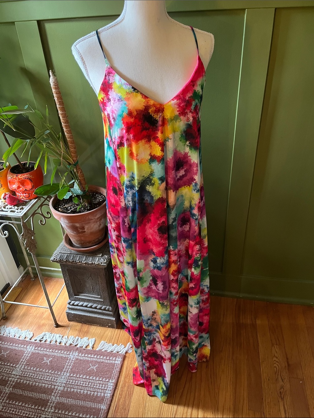 Nicole Miller Colorful Floral Watercolor Print Slip Long Maxi Dress Gown